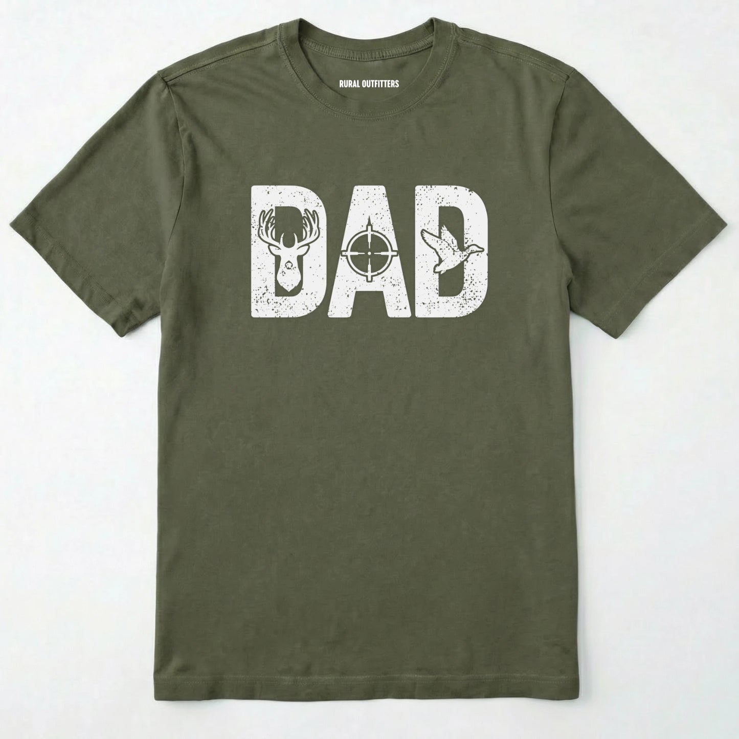 Military Green t-shirt with 'dad' and hunting-themed design on a white background
