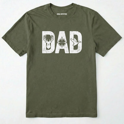 Military Green t-shirt with 'dad' and hunting-themed design on a white background