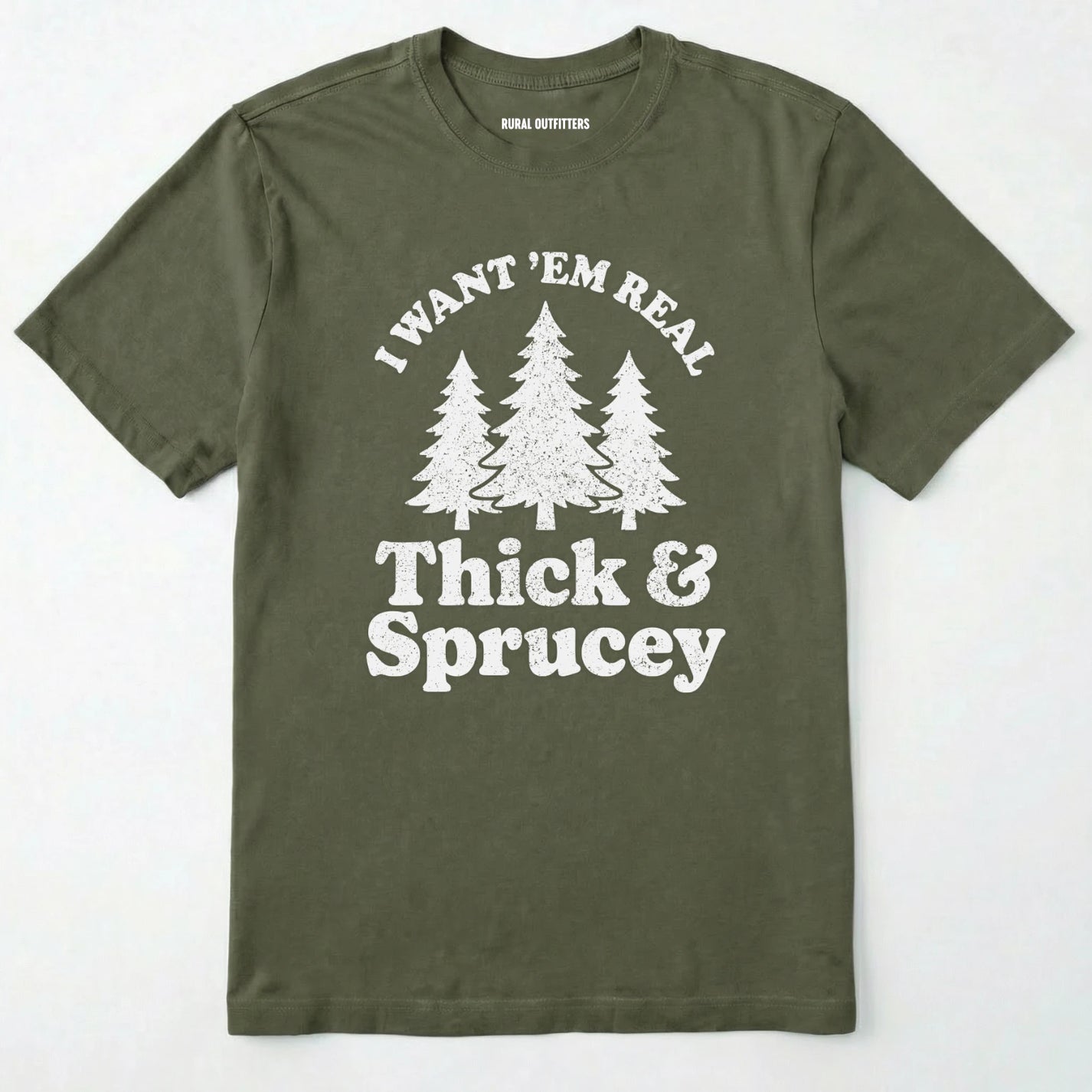 Military Green t-shirt with Military Green text and tree graphics on a white background