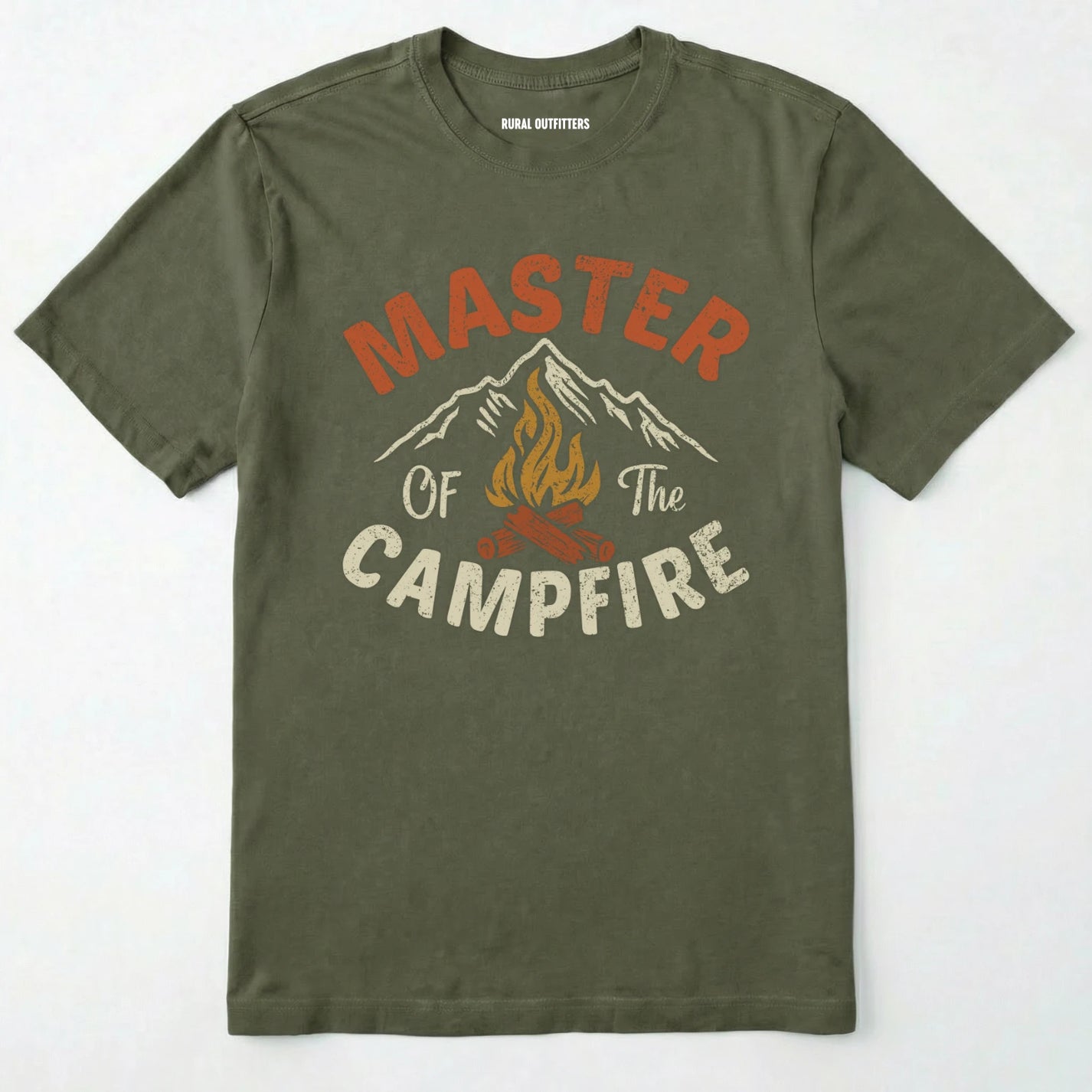 Military Green fire starter shirt with retro campfire and mountain graphic, featuring "master of the campfire" text on a white background.