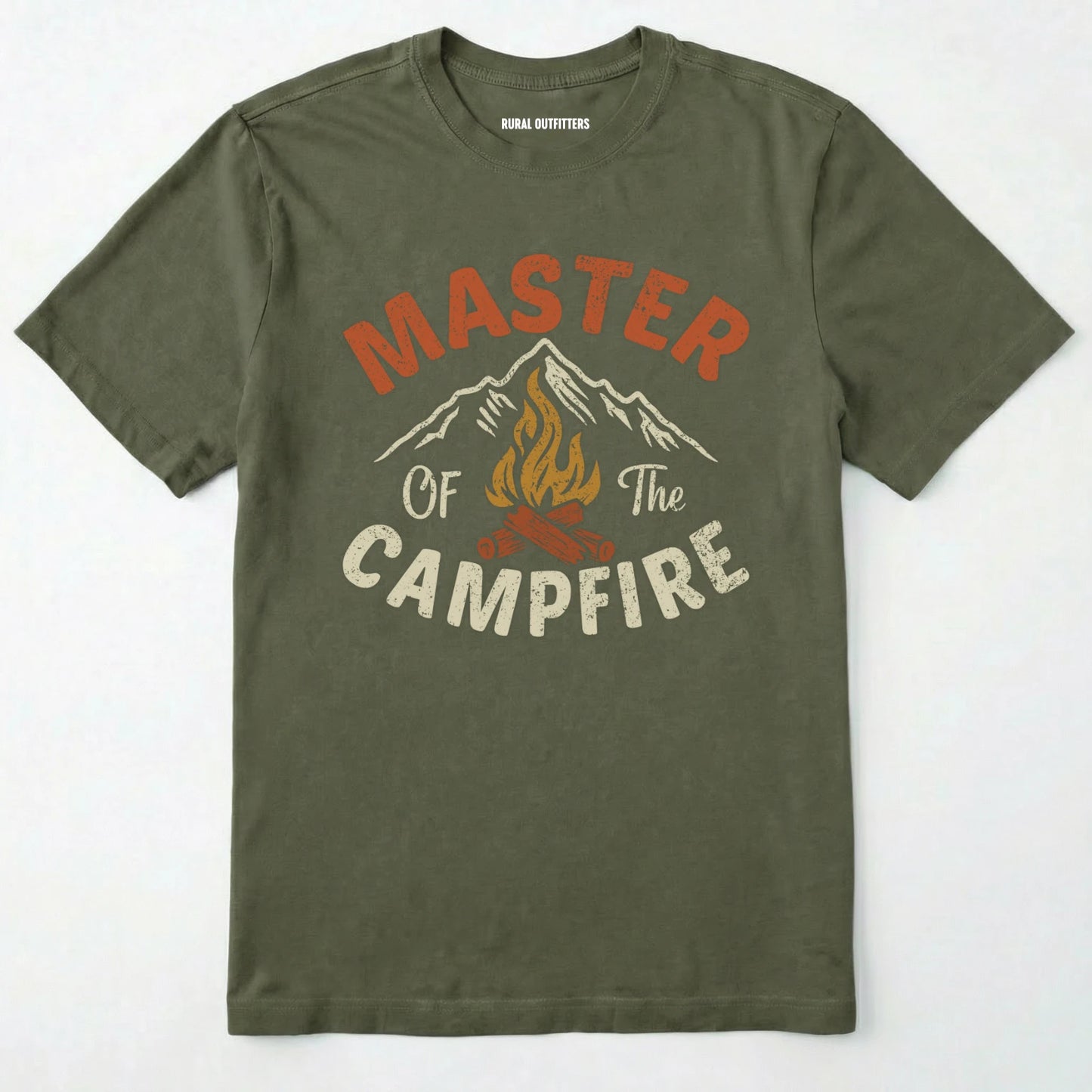 Military Green fire starter shirt with retro campfire and mountain graphic, featuring "master of the campfire" text on a white background.