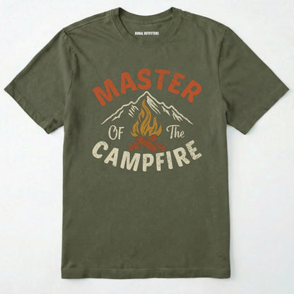 Military Green fire starter shirt with retro campfire and mountain graphic, featuring "master of the campfire" text on a white background.