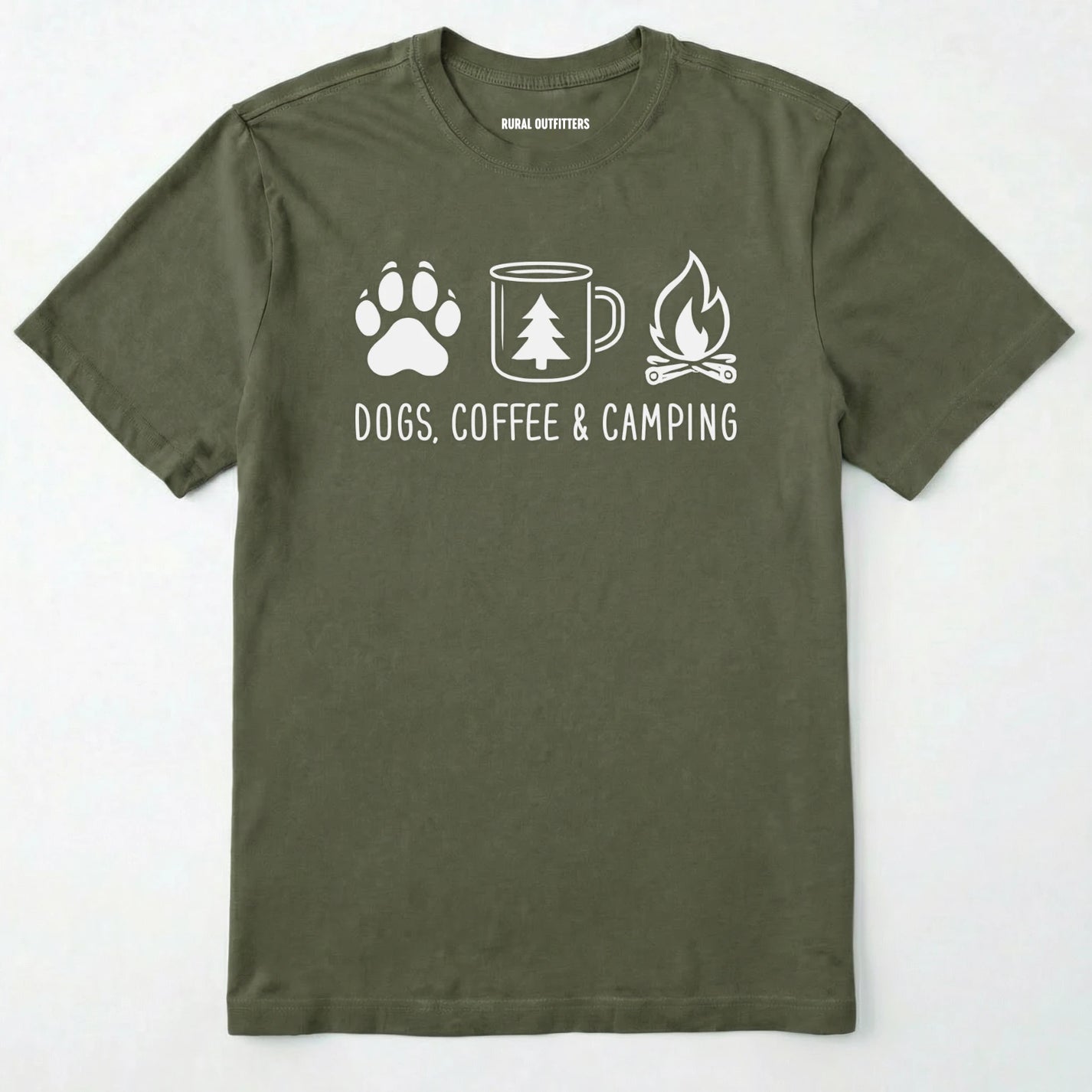 Military Green camping dog shirt with paw print, coffee mug and campfire design on a white background.