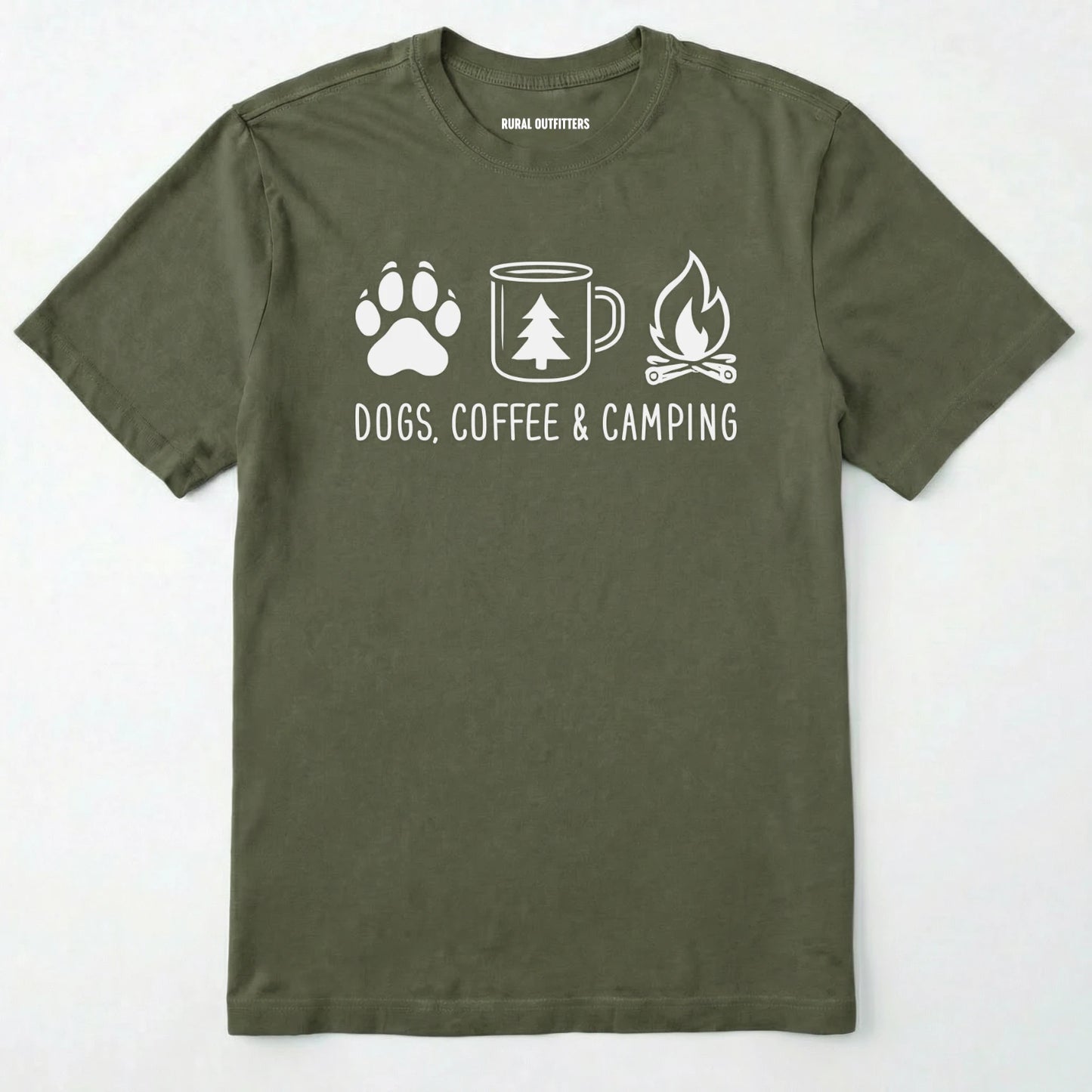 Military Green camping dog shirt with paw print, coffee mug and campfire design on a white background.