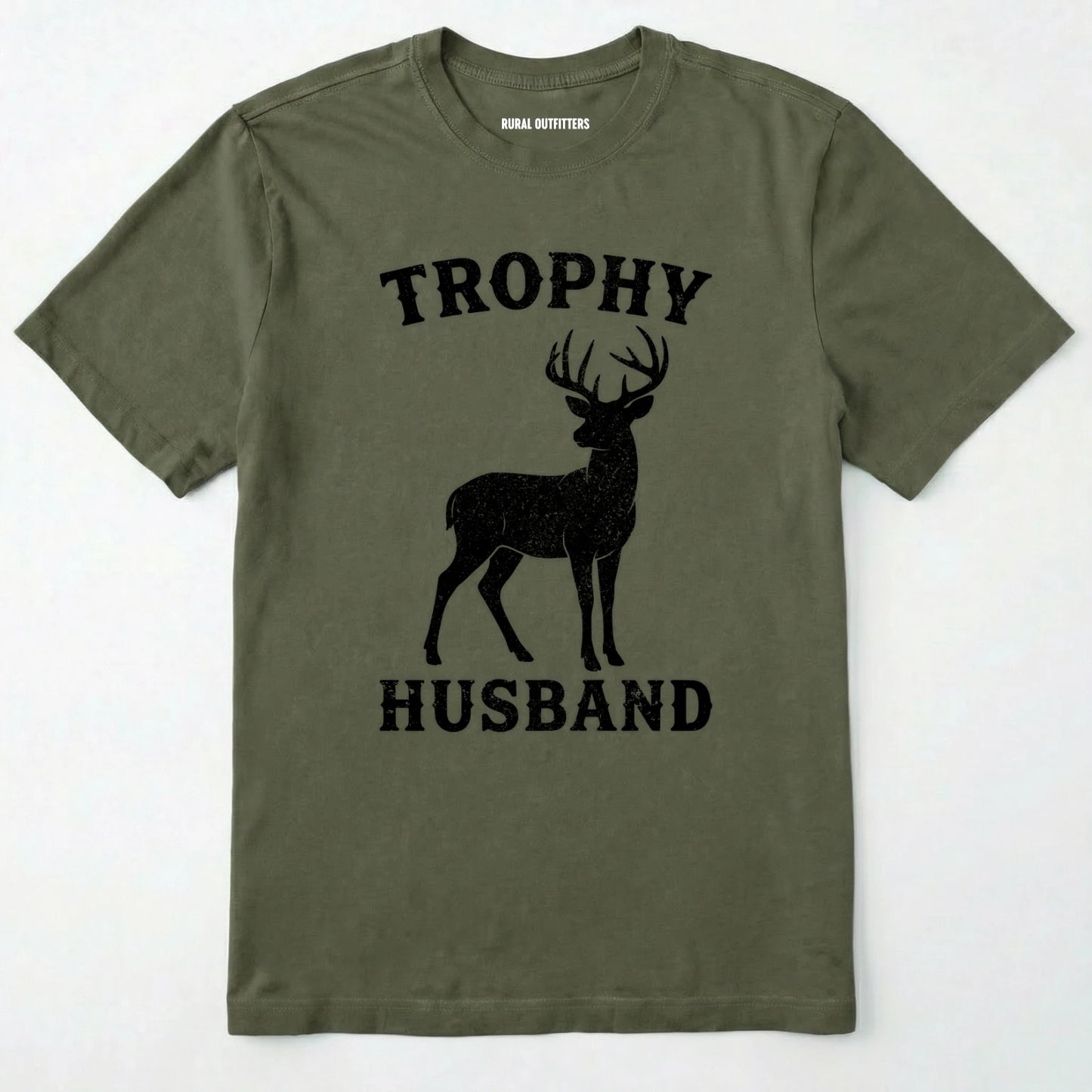 Military Green t-shirt with a black deer graphic and 'trophy husband' text on a white background