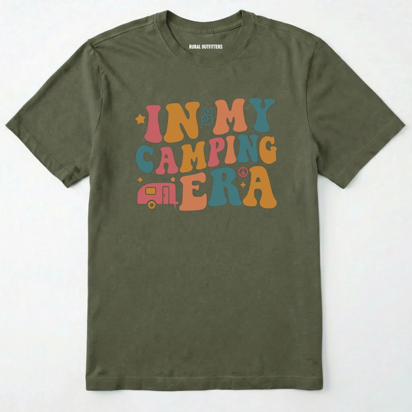 Military Green cute camping shirt with colorful retro ⊜in my camping era⊝ graphic on a white background.