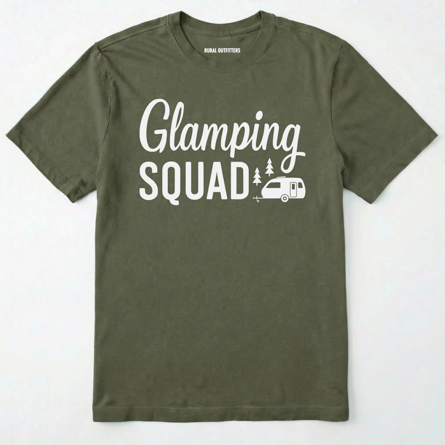 Military Green glamper shirt with cute camper and trees design and "glamping squad" text on a white background.