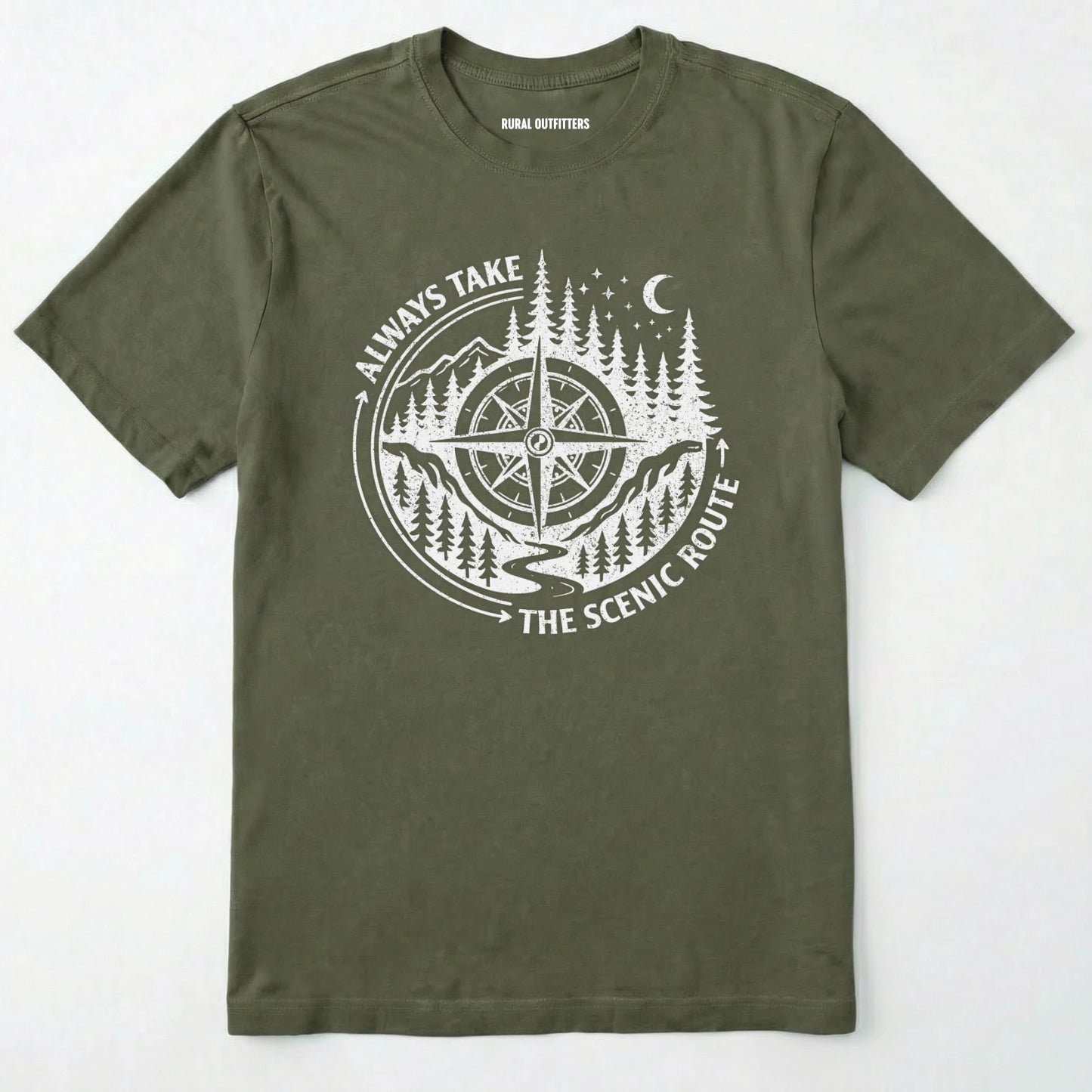 Military Green always take the scenic route t-shirt with compass graphic and text on a white background.