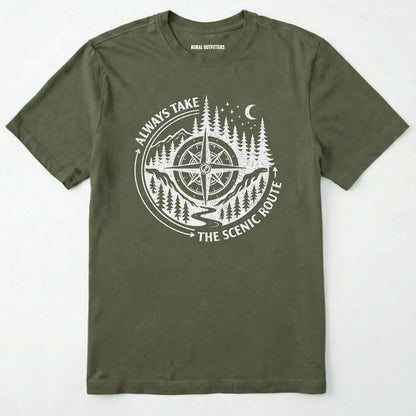 Military Green always take the scenic route t-shirt with compass graphic and text on a white background.