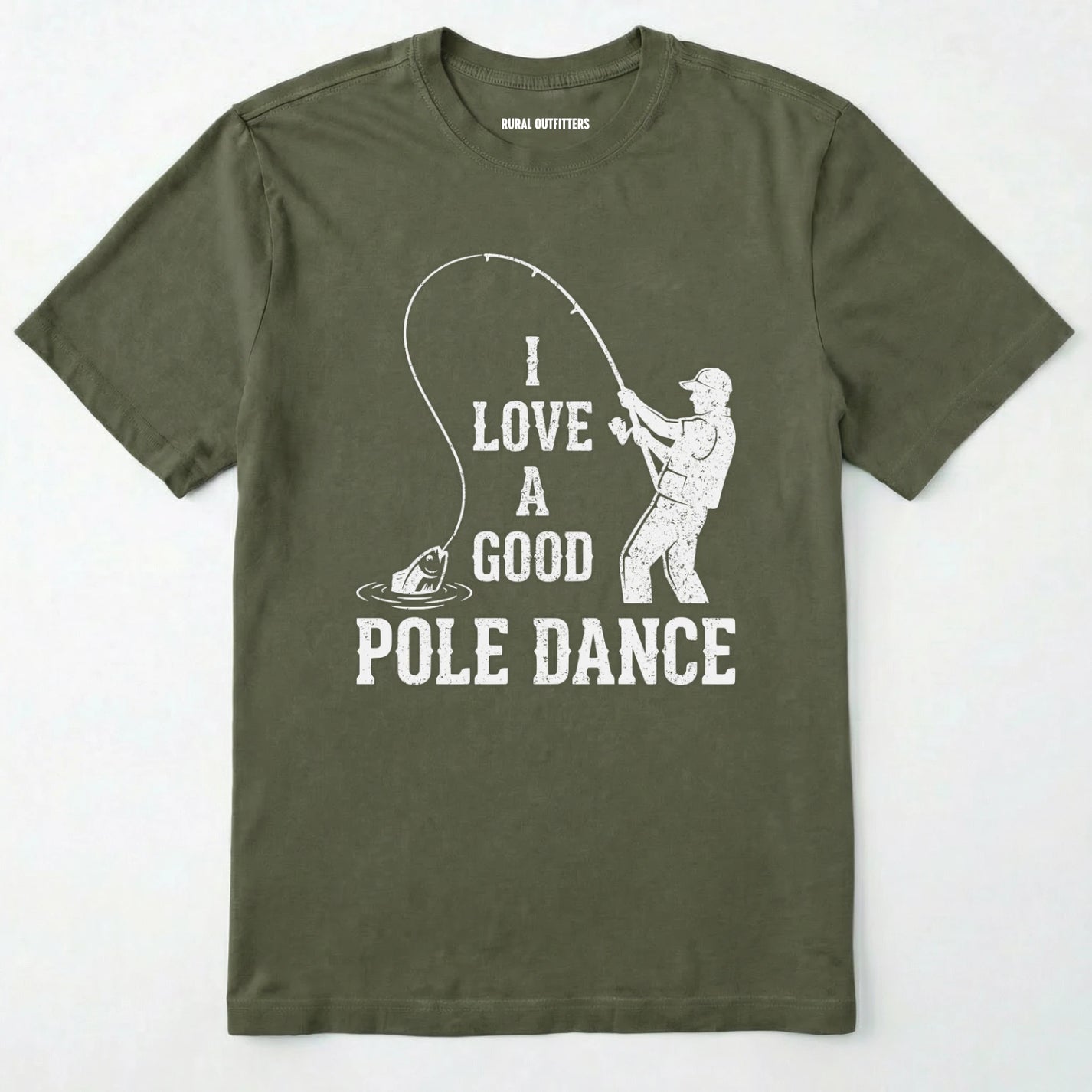 Military Green t-shirt with white graphic and text on a white background