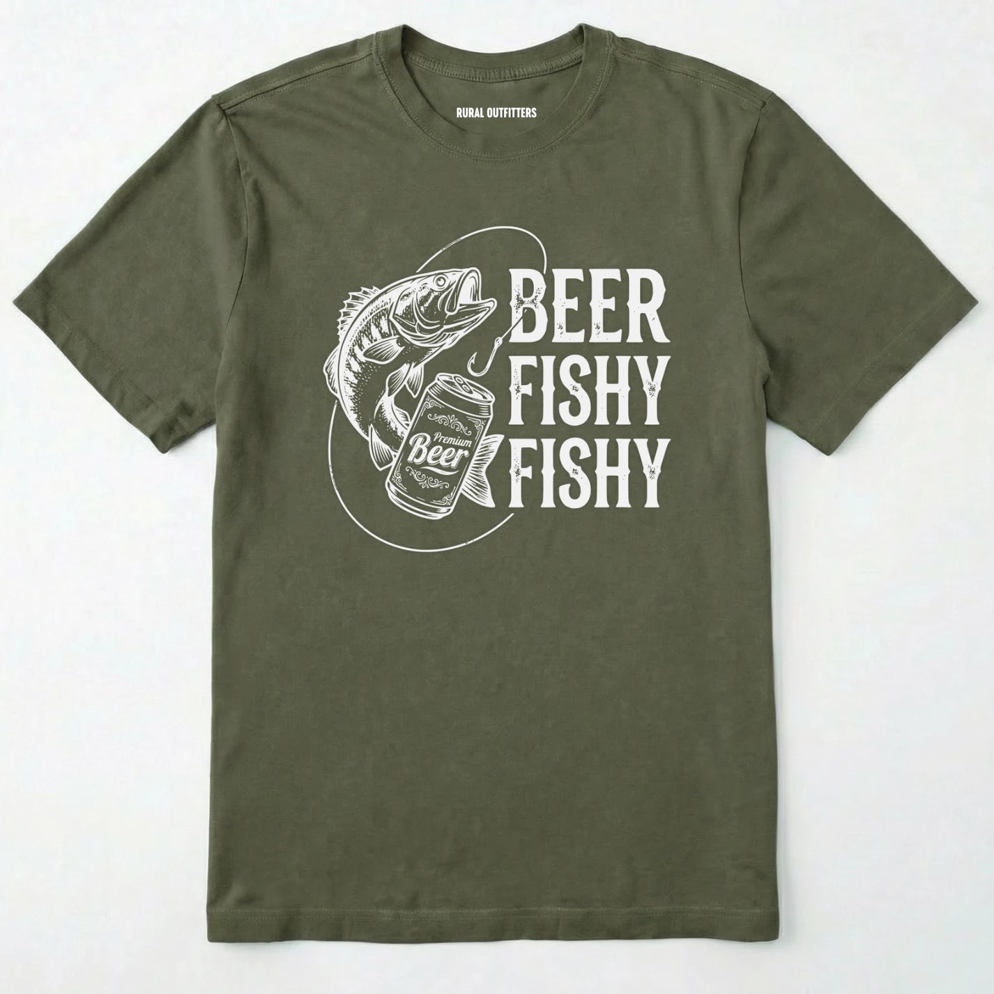 Military Green t-shirt with 'beer fishy fishy' graphic design on a white background