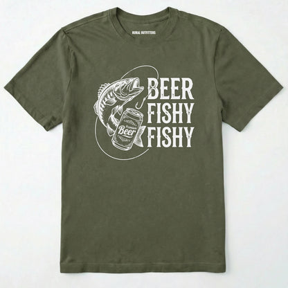 Military Green t-shirt with 'beer fishy fishy' graphic design on a white background