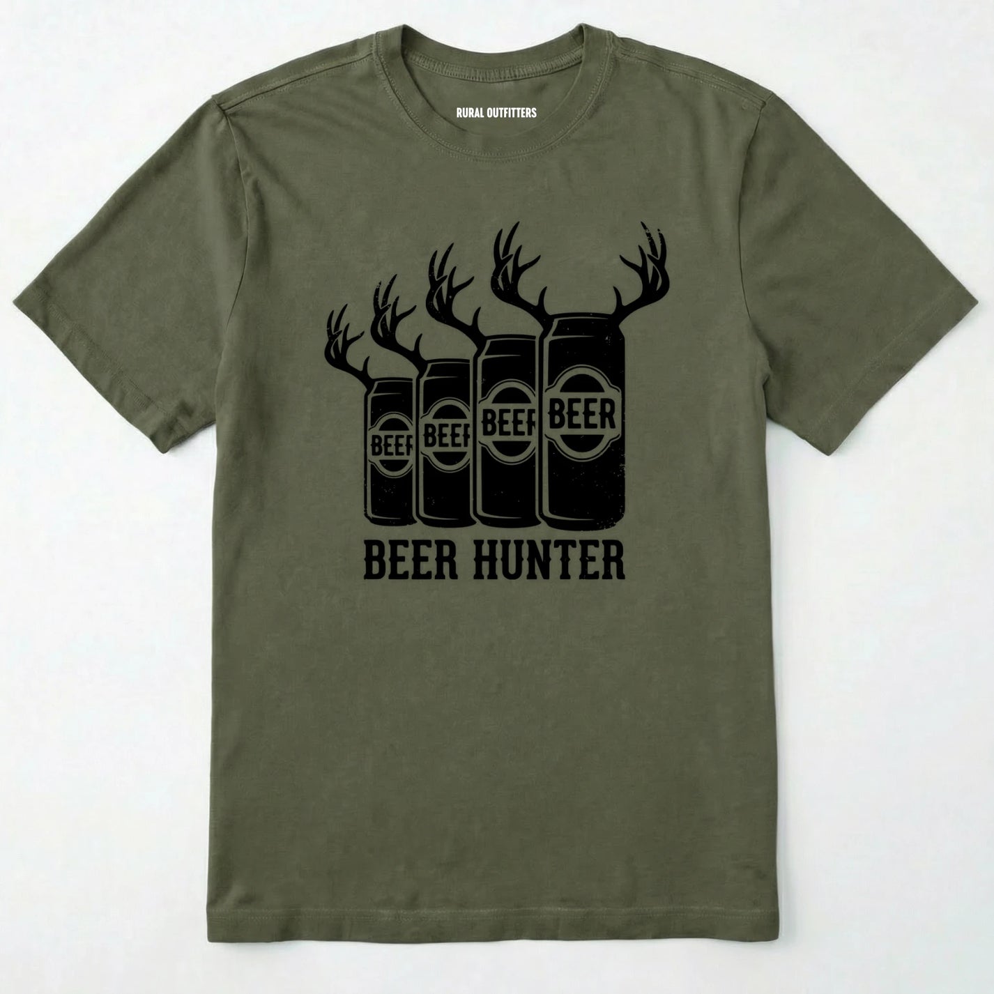 Military Green t-shirt with 'beer hunter' graphic on a white background