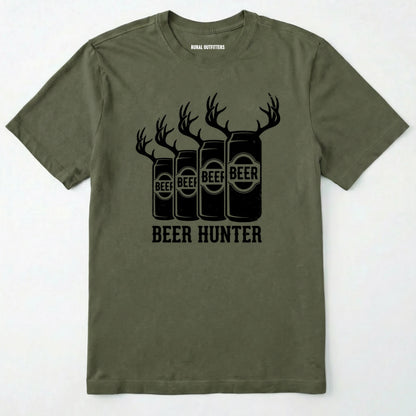 Military Green t-shirt with 'beer hunter' graphic on a white background