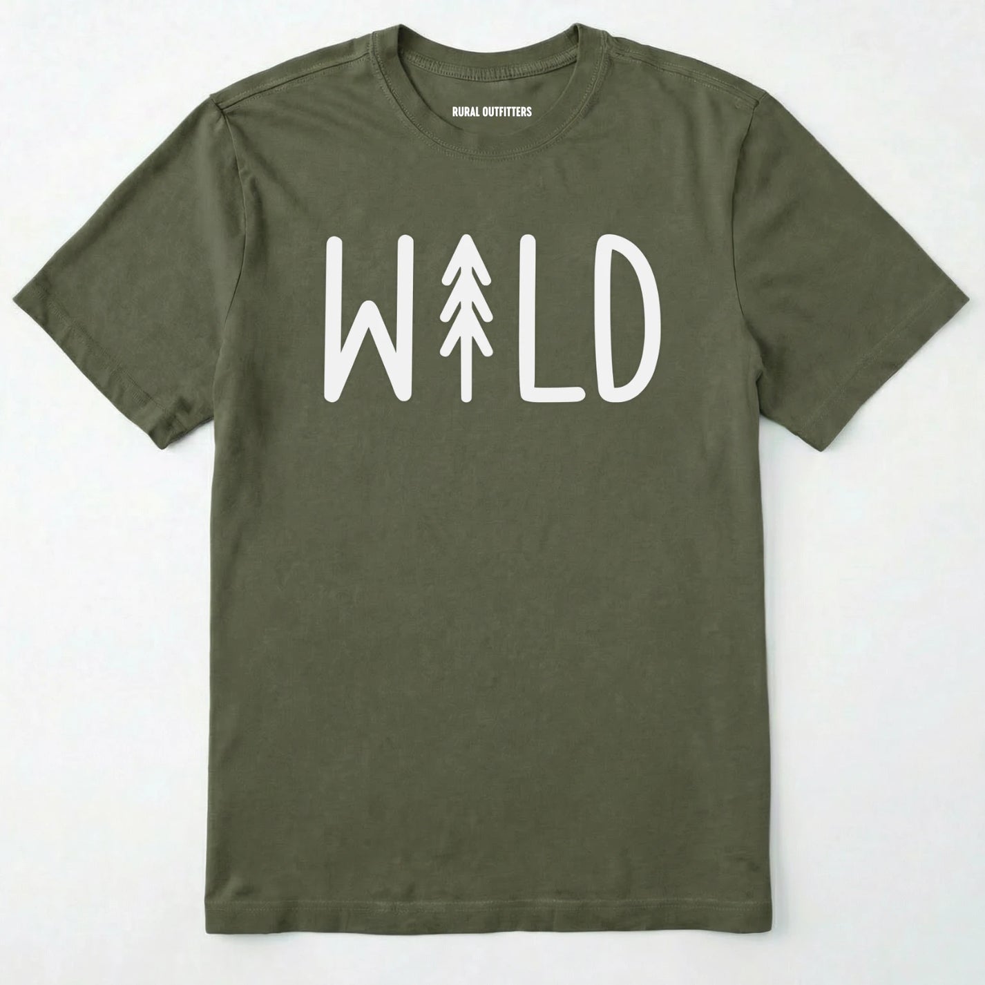 Military Green t-shirt with 'wild' and a tree graphic on a white background