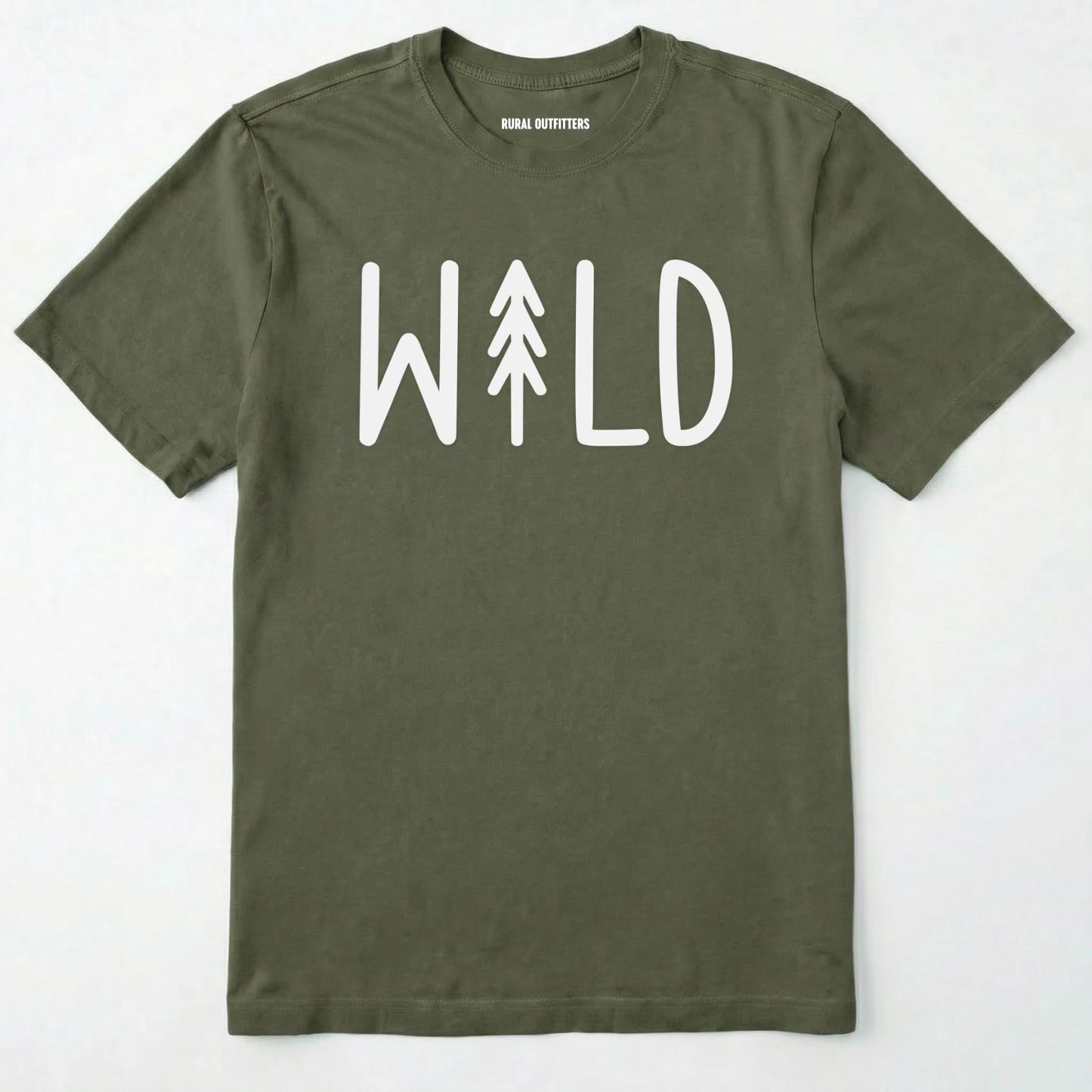 Military Green t-shirt with 'wild' and a tree graphic on a white background
