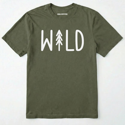 Military Green t-shirt with 'wild' and a tree graphic on a white background