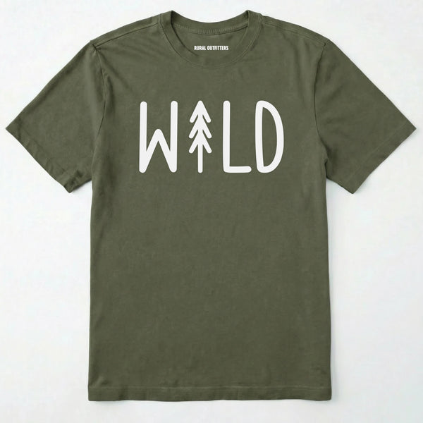 Military Green t-shirt with 'wild' and a tree graphic on a white background