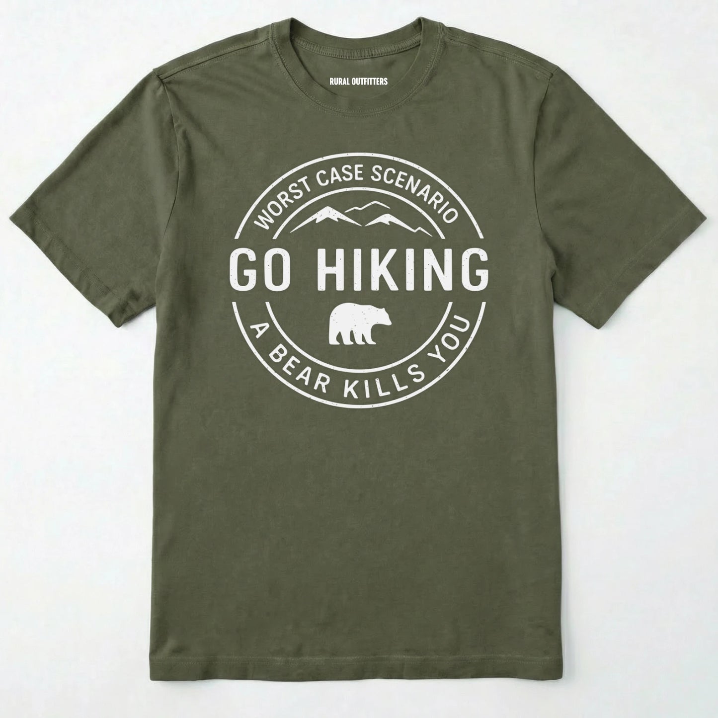 Military Green funny hiking shirt with circular go hiking graphic and bear illustration on a white background.