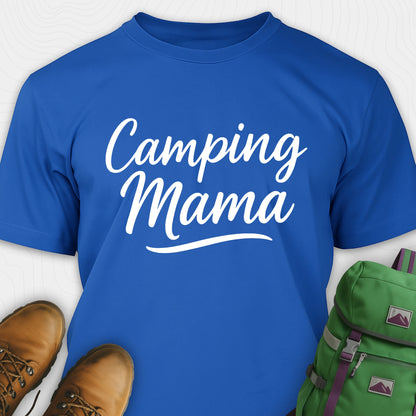 Blue camping mama shirt with script design