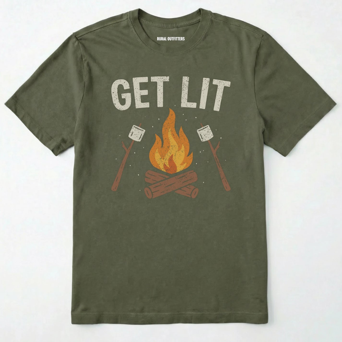 Military Green let⊙s get lit shirt with campfire and marshmallows graphic on a white background.