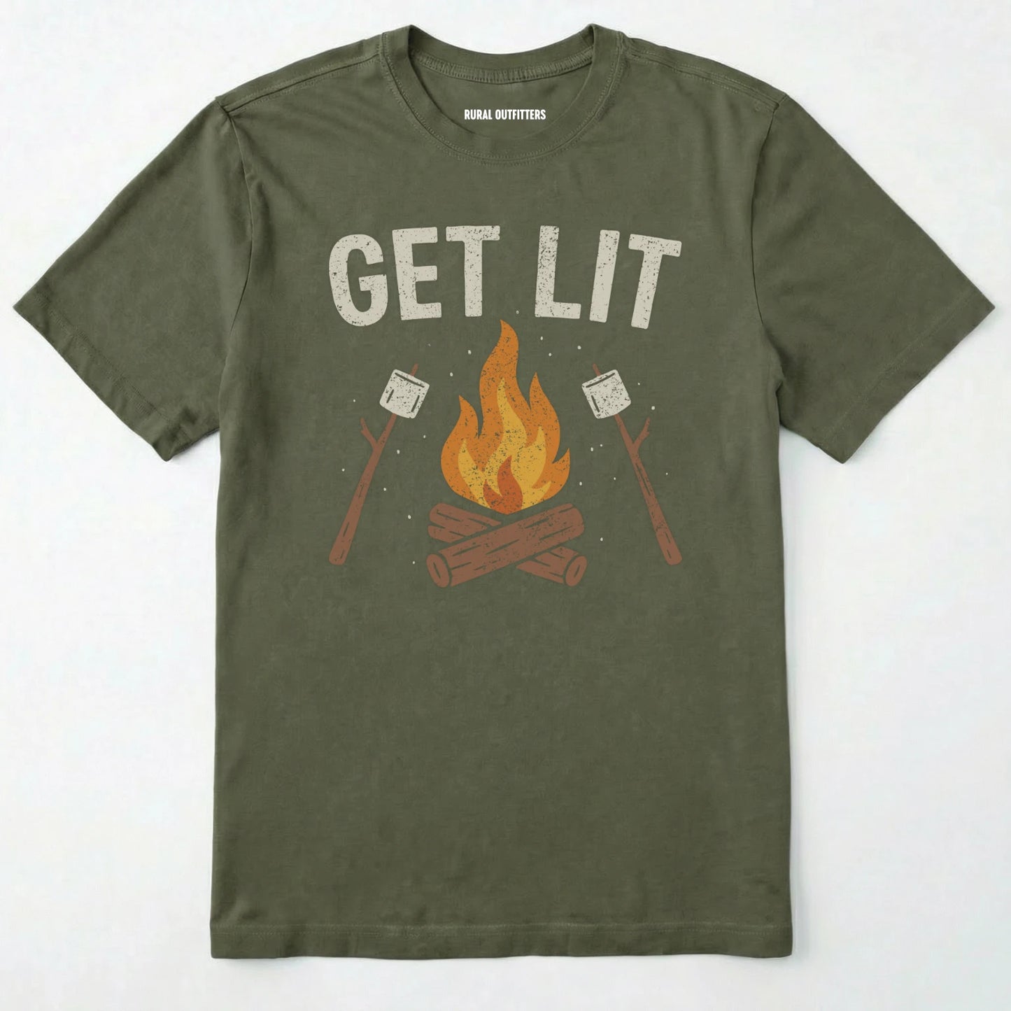 Military Green let⊙s get lit shirt with campfire and marshmallows graphic on a white background.