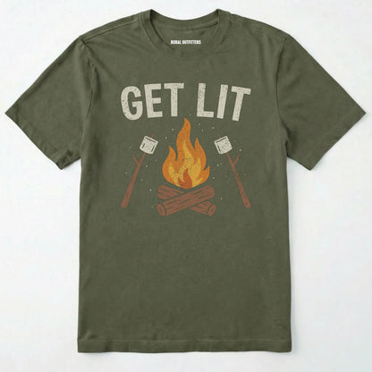 Military Green let⊙s get lit shirt with campfire and marshmallows graphic on a white background.
