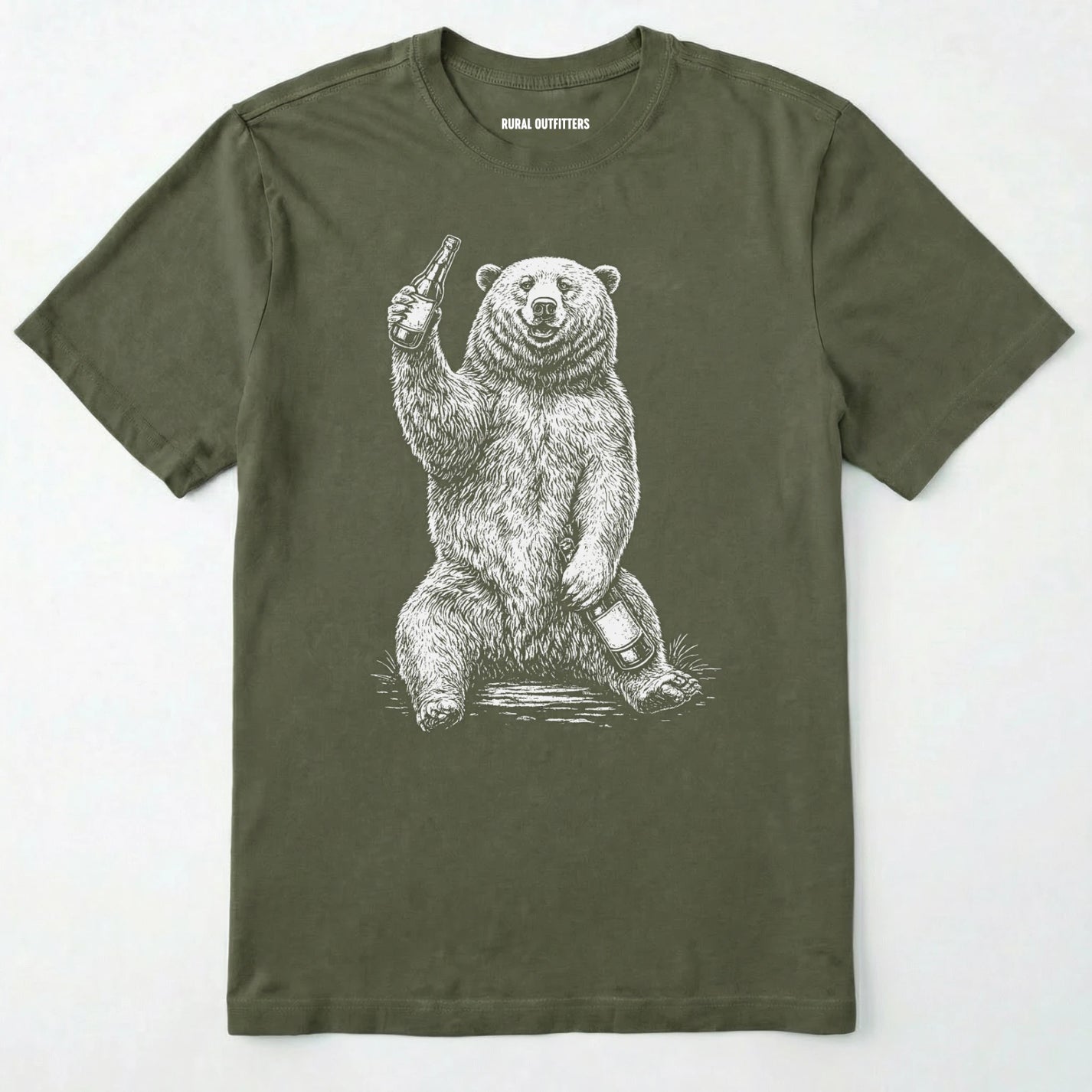 Military Green brown bear shirt with a bear graphic holding a beer bottle on a white background.
