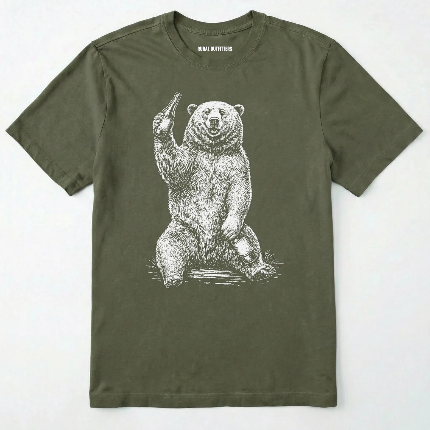 Military Green brown bear shirt with a bear graphic holding a beer bottle on a white background.