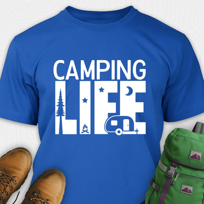 Blue camp life shirt featuring camper and pine tree design