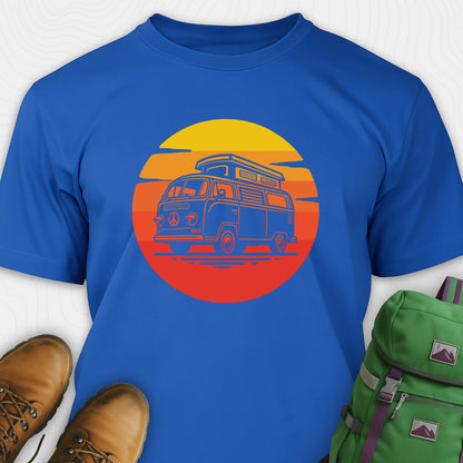 Blue camper shirt featuring vintage rv design with a warm sunset
