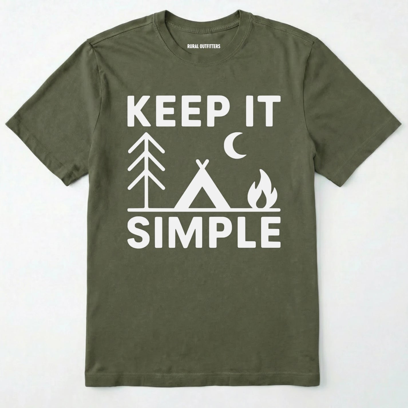 Military Military Green keep it simple camping t-shirt with tent and campfire graphic on a white background