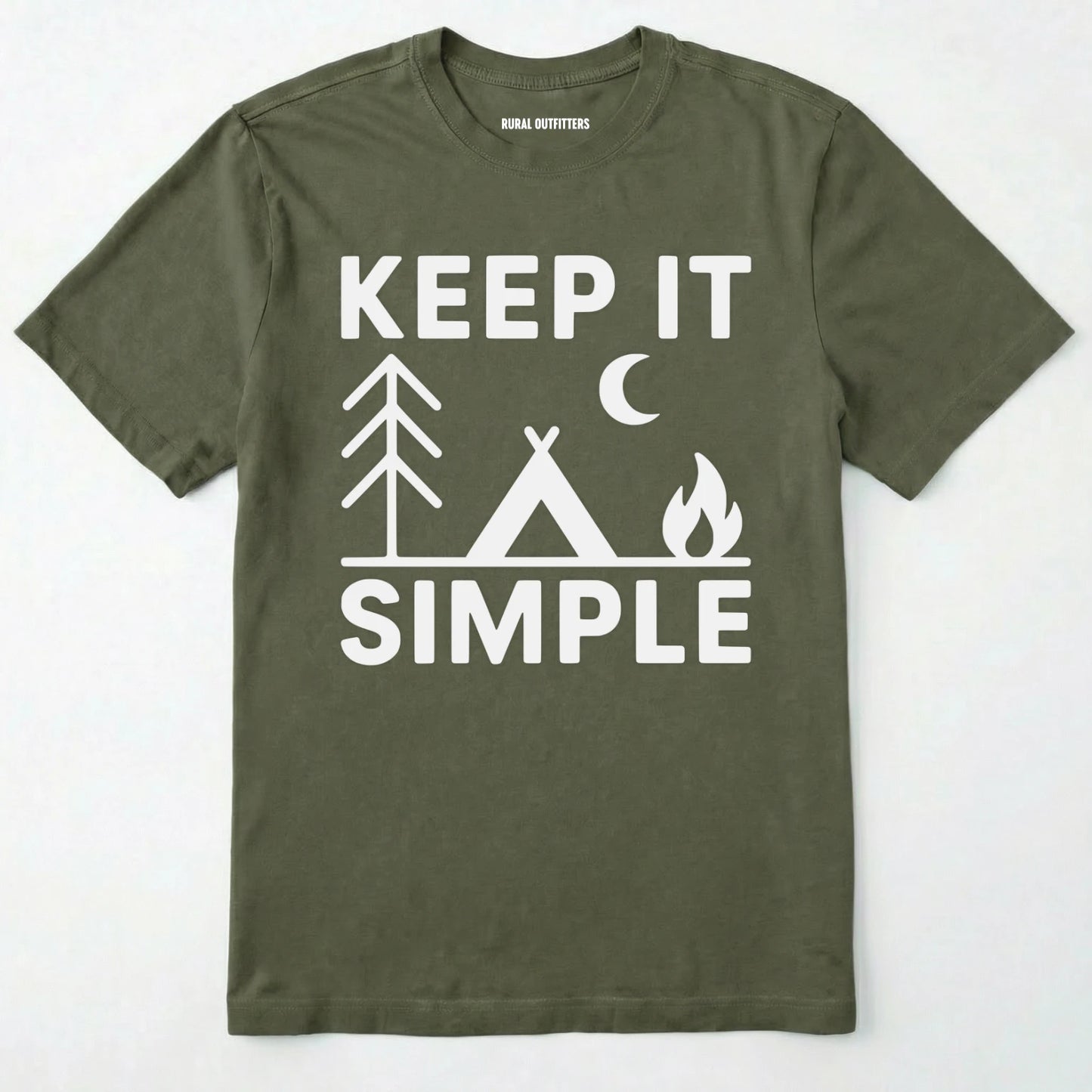 Military Military Green keep it simple camping t-shirt with tent and campfire graphic on a white background