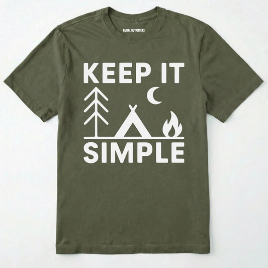 Military Military Green keep it simple camping t-shirt with tent and campfire graphic on a white background