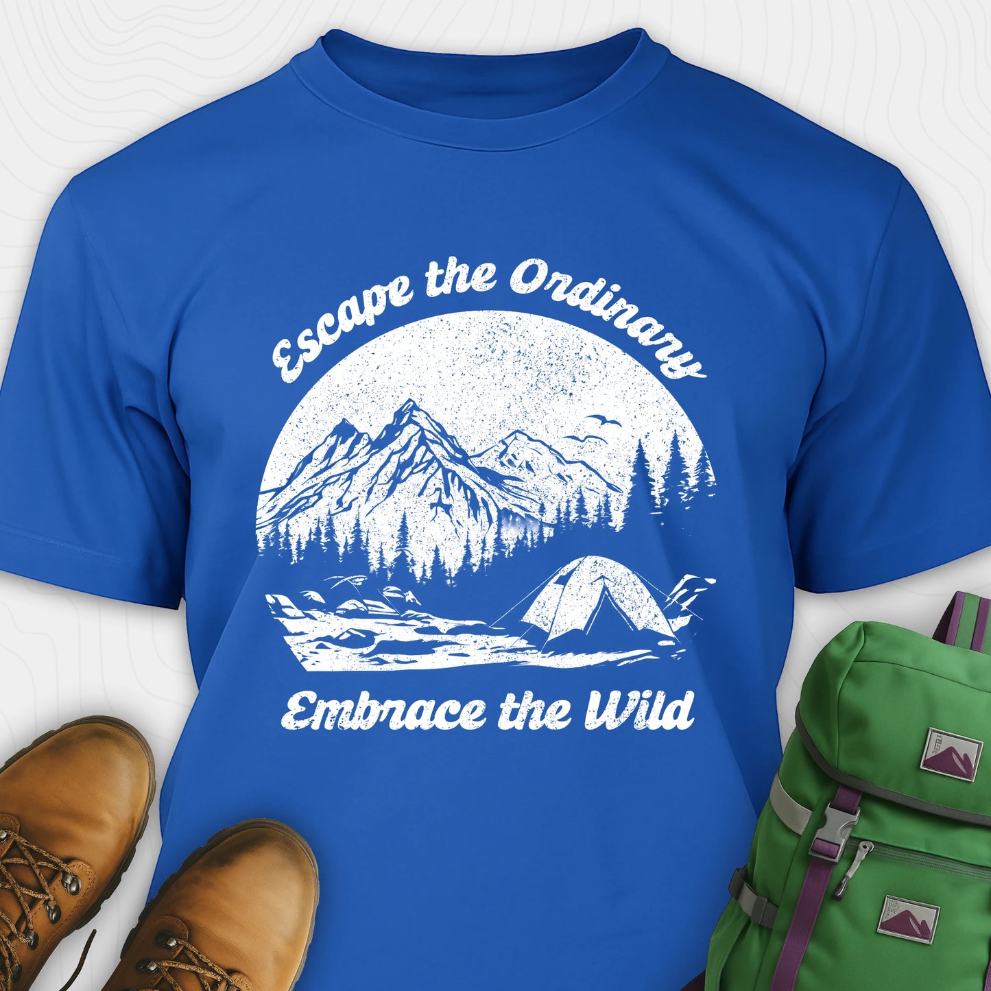 Blue escape the ordinary t-shirt with mountain and tent graphic
