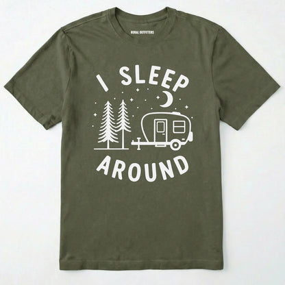 Military Green i sleep around camper shirt with travel trailer and night sky graphic on a white background.