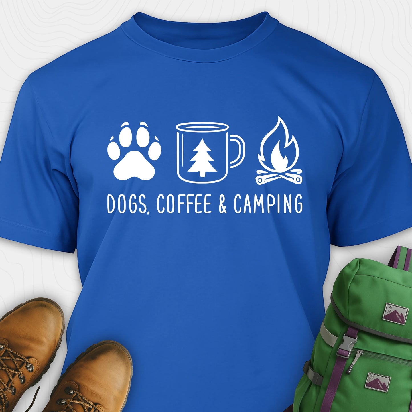 Blue camping dog shirt with paw print, coffee mug and campfire design