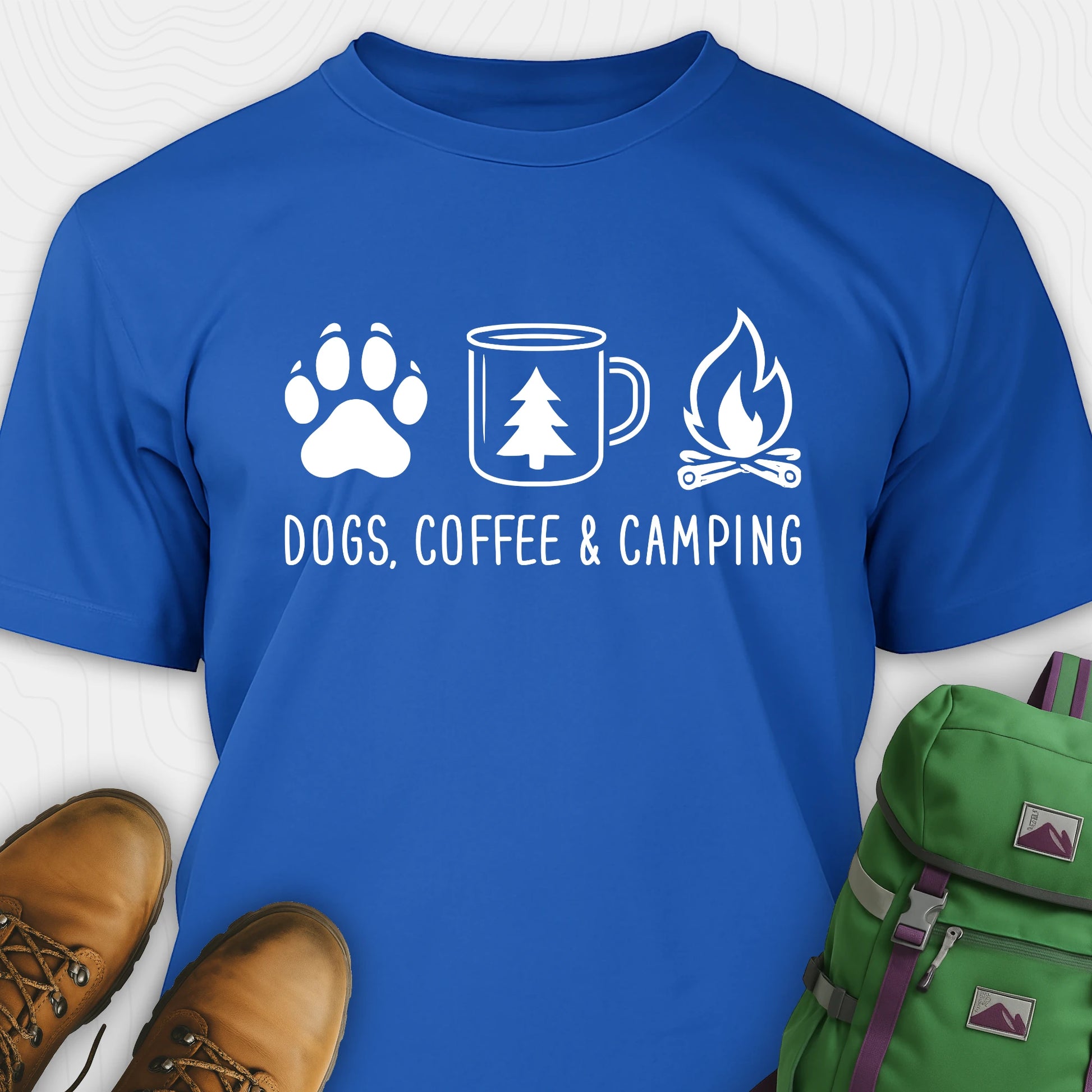 Blue camping dog shirt with paw print, coffee mug and campfire design