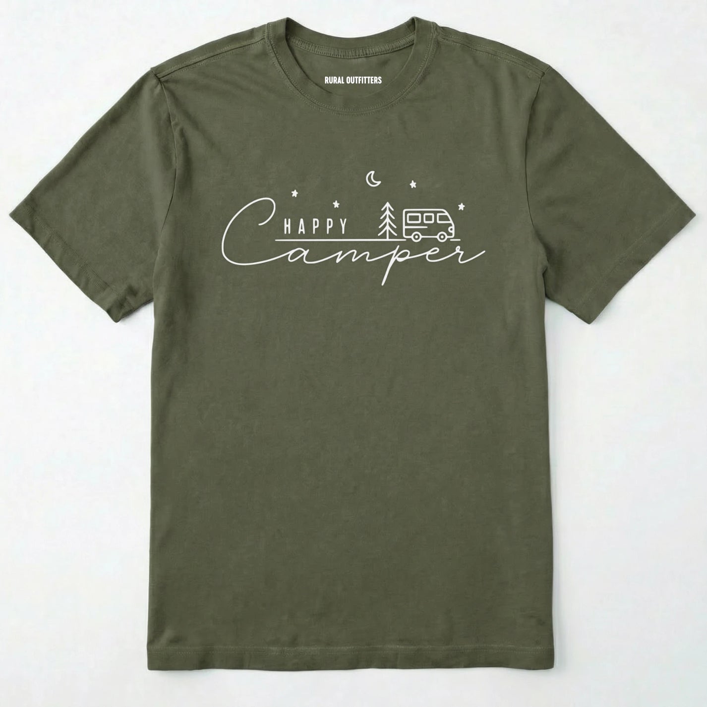 Military Green happy camper tee with minimalist camper and night sky design on a white background