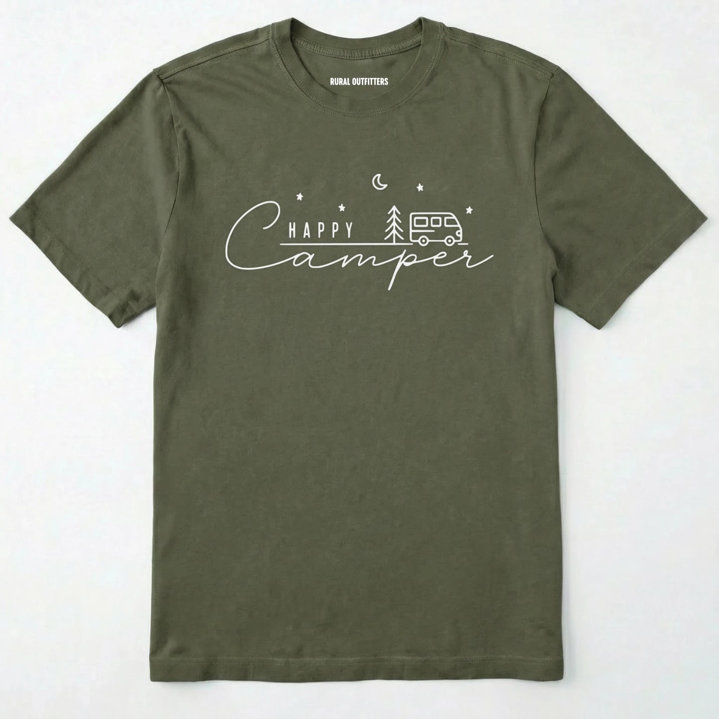 Military Green happy camper tee with minimalist camper and night sky design on a white background