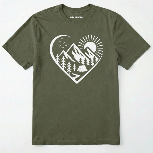 Military Green nature t-shirt featuring a heart graphic with mountains, trees, and tent illustration