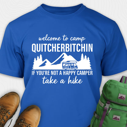 Blue camp quitcherbitchin shirt with rv and mountain graphic