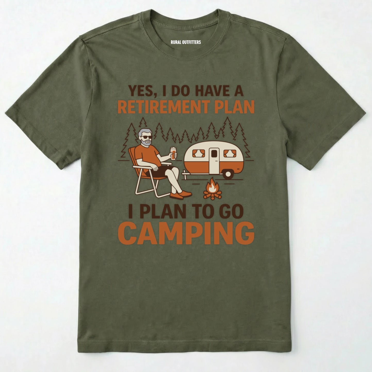 Military Green t-shirt with camping graphic and text on a white background