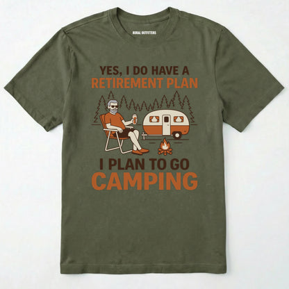 Military Green t-shirt with camping graphic and text on a white background