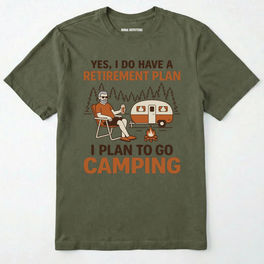 Military Green t-shirt with camping graphic and text on a white background