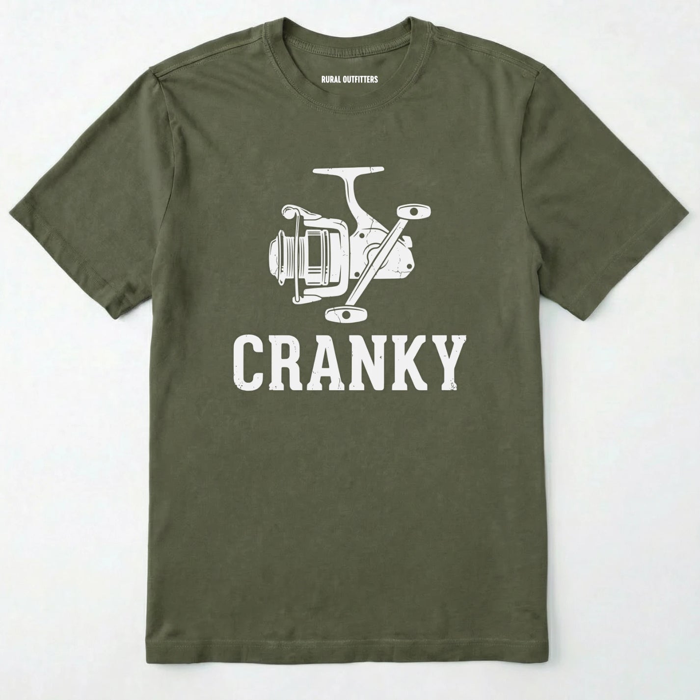 Military Green t-shirt with white fishing reel graphic and 'cranky' text on a white background