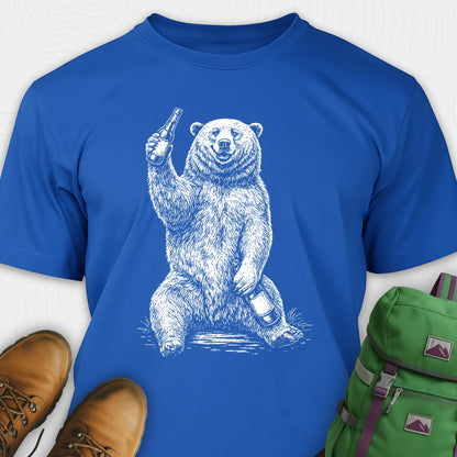 Blue brown bear shirt with a bear graphic holding a beer bottle, paired with brown shoes and a green backpack on a white background.