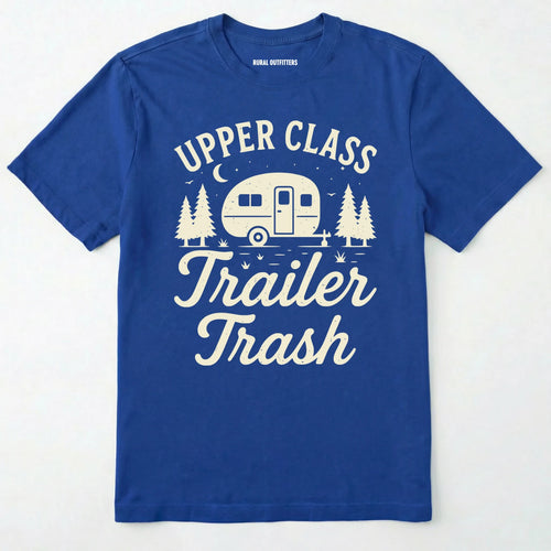 Royal Upper Class Trailer Trash t-shirt with camper graphic on a white background