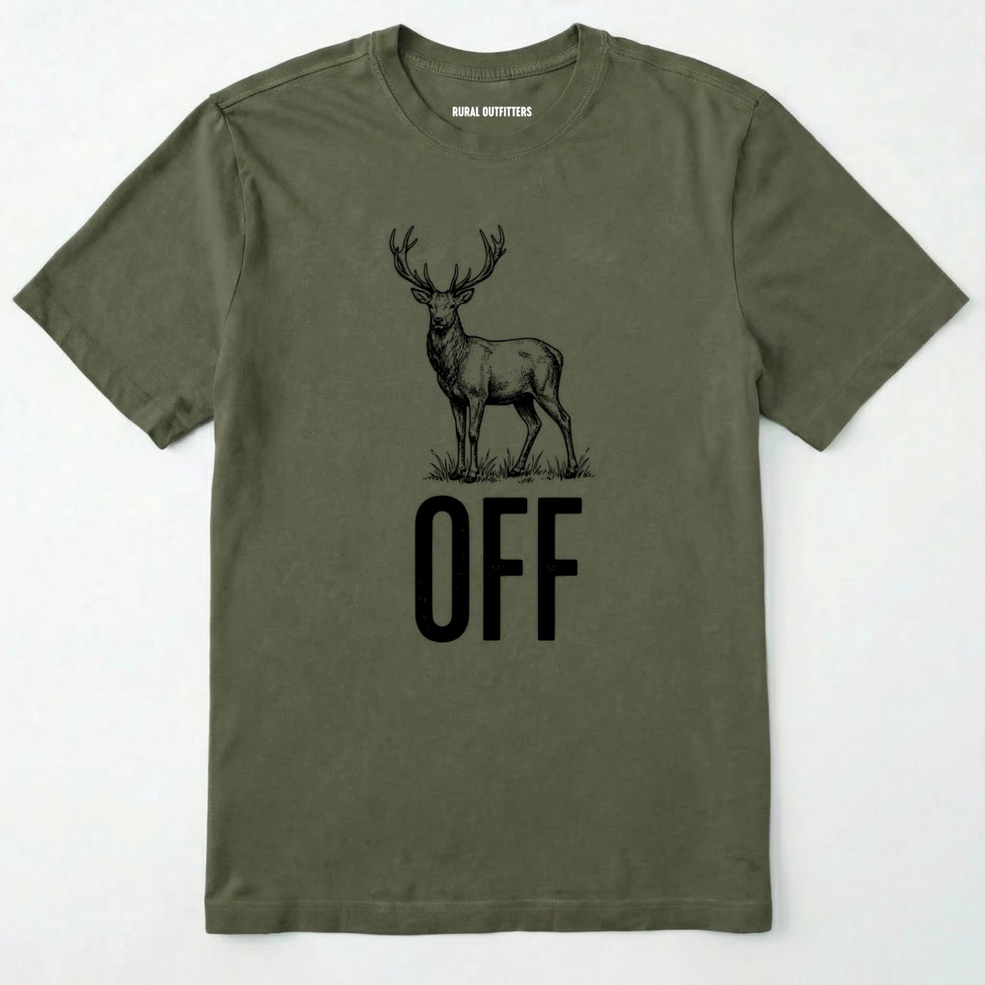 Military Green t-shirt with a deer graphic and 'off' text on a white background