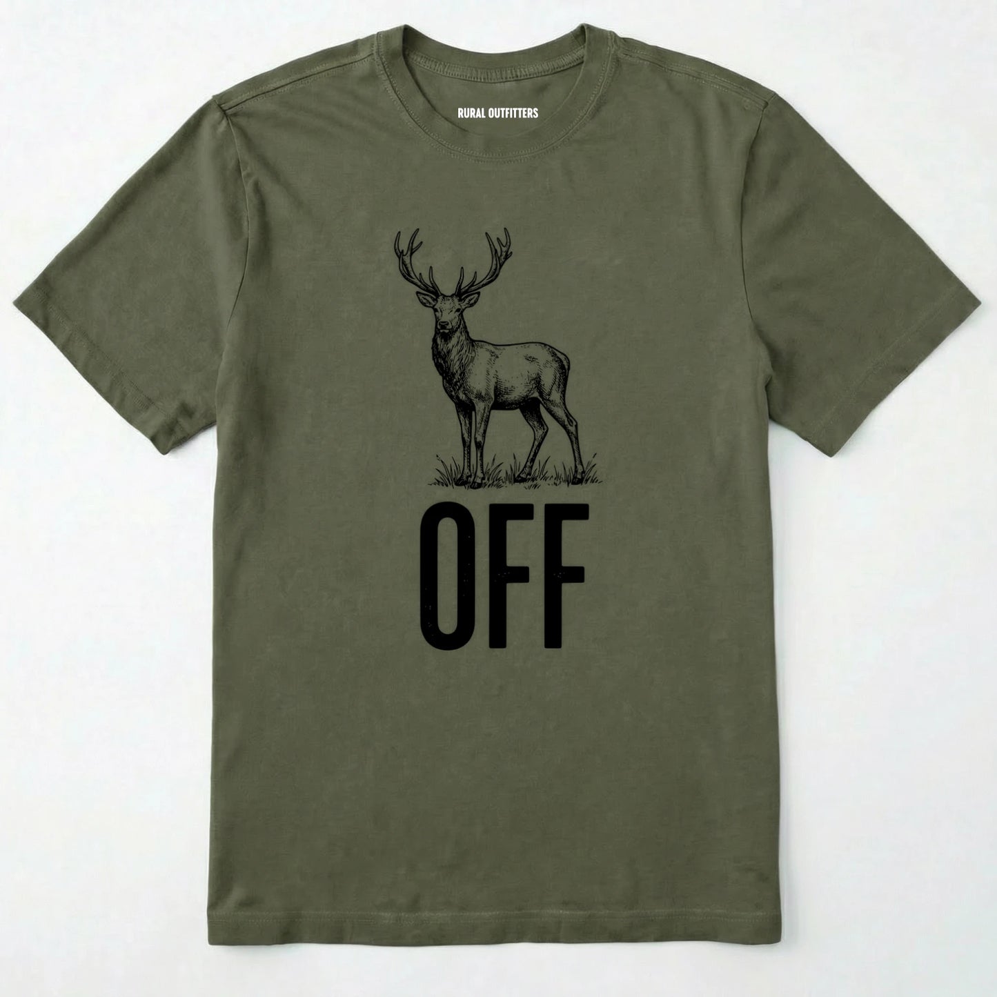Military Green t-shirt with a deer graphic and 'off' text on a white background